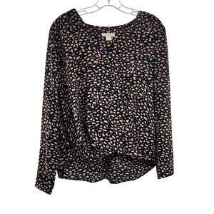Finn & Grace Women's V-Neck Long Sleeve Print Top Black/Beige Size Small